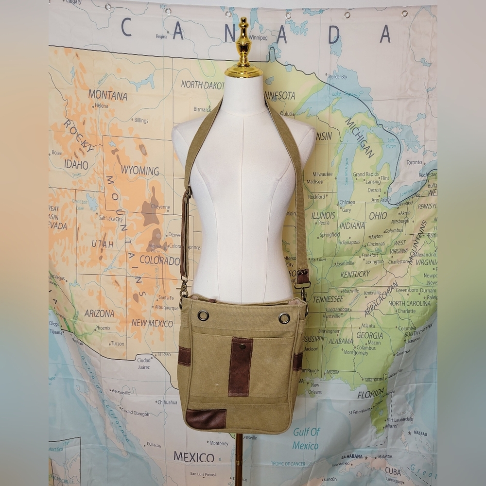 Khaki Canvas and Brown Leather Crossbody Bag With Bronze Hardware